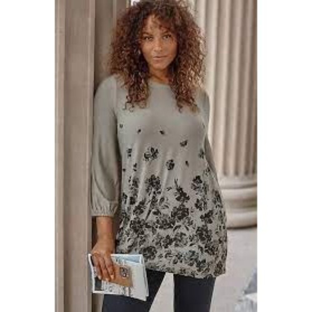 J‎ Jill Wearever Womens Medium Grey Floral Soft Sleeve Tunic Top Stretch Shirt